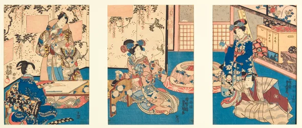 Slibning af blæk til at skrive et svarbrev, inspireret fra Inaka Genji, 1851 (træblok)